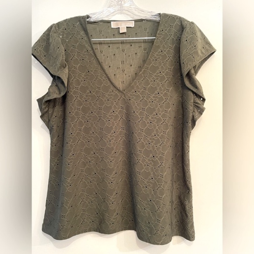 Michael Kors Ruffle Sleeve Eyelet Olive Shirt Size Large - Picture 2 of 6